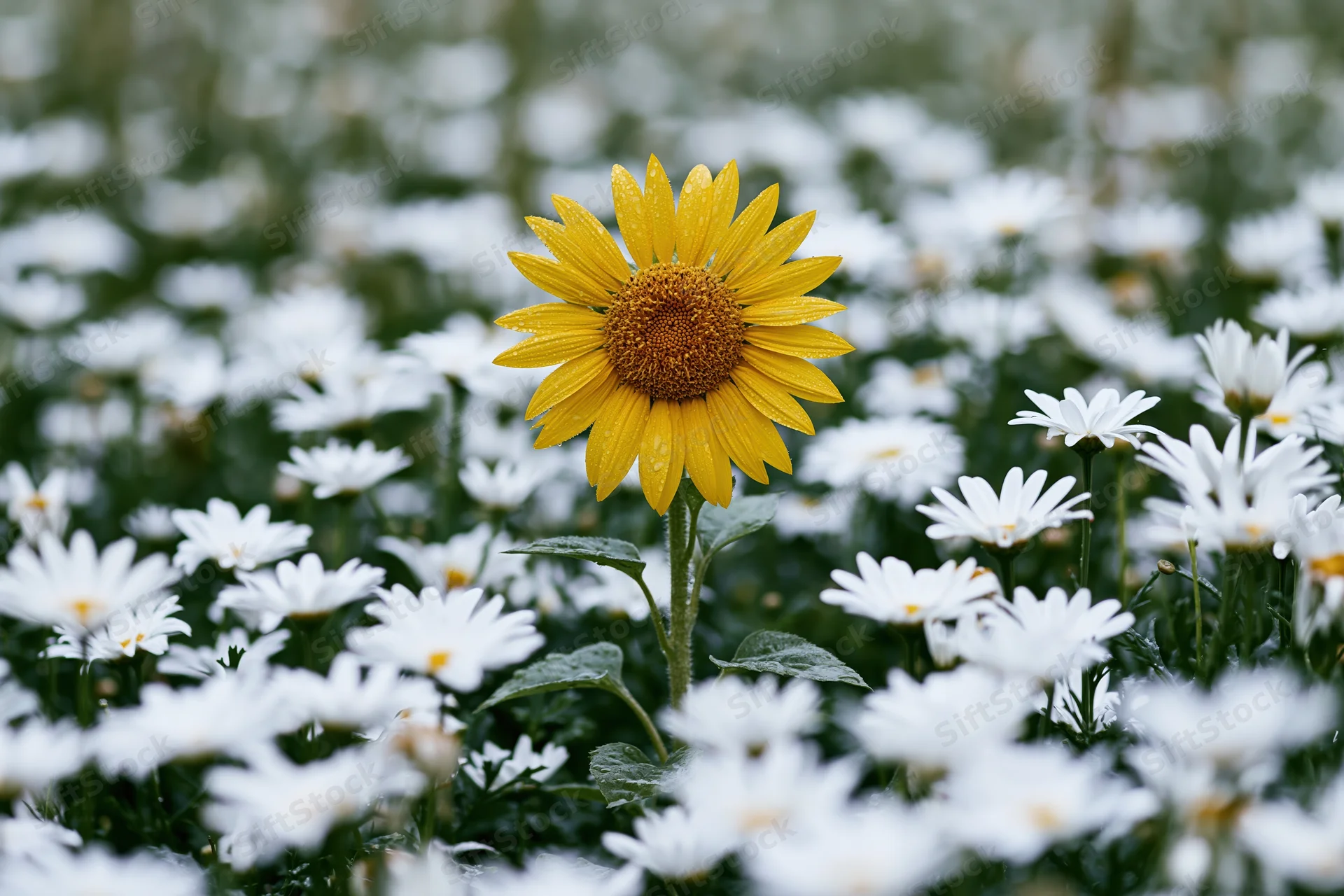Single yellow sunflower standing among white daisies in a garden field