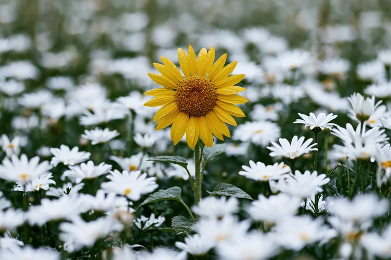 Single yellow sunflower standing among white daisies in a garden field