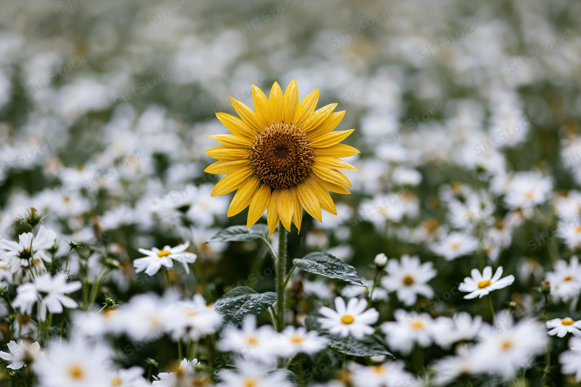 Single yellow sunflower standing among white daisies in a garden field