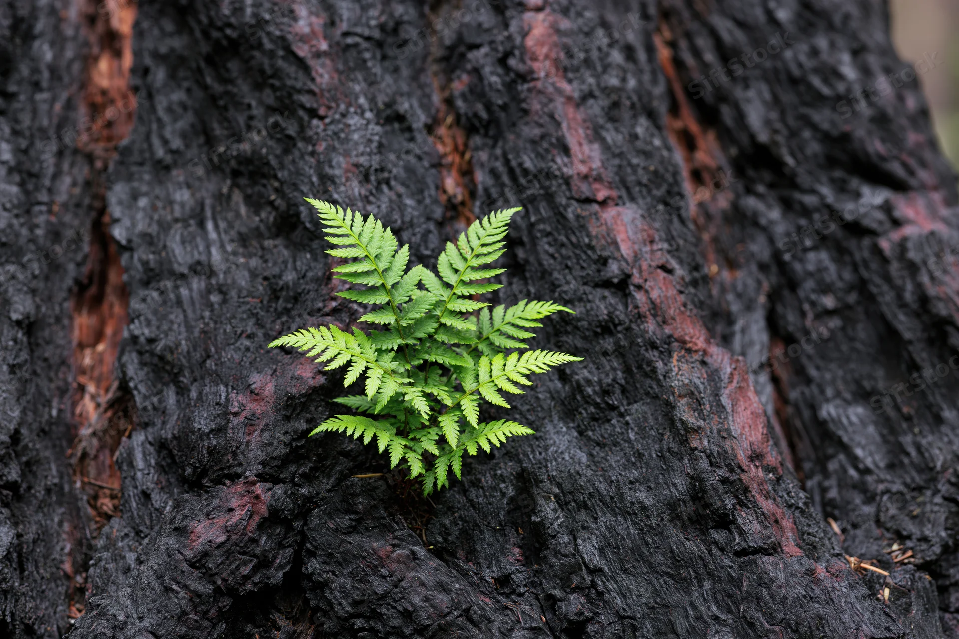 Bright green fern sprouting from charred tree bark in a forest