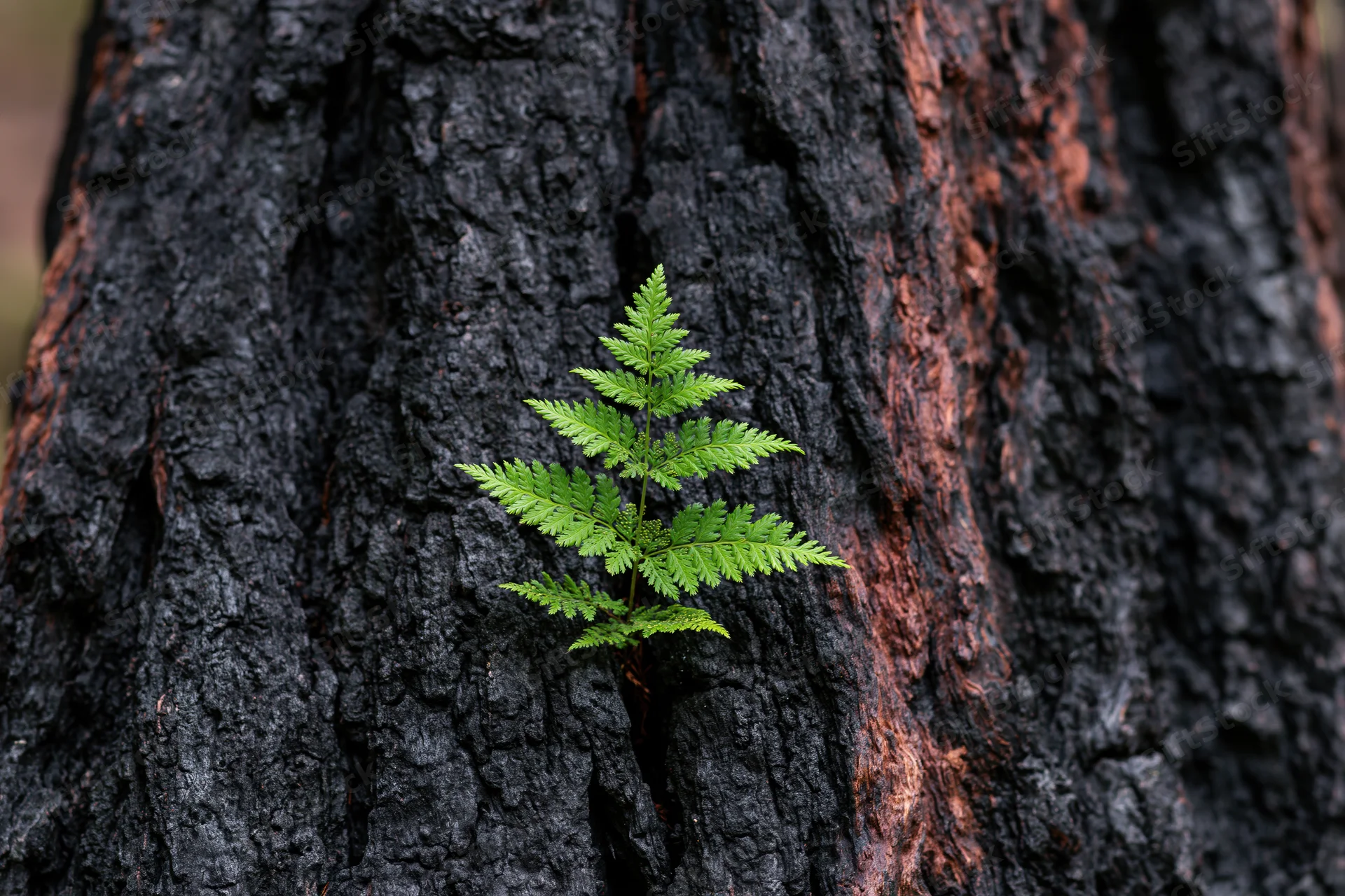 Bright green fern sprouting from charred tree trunk in forest