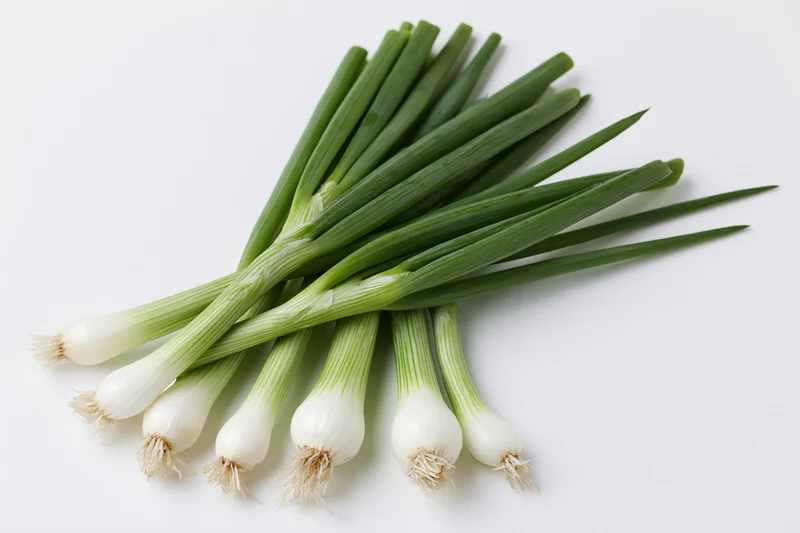 A small bunch of fresh green onions with white bulb ends and green stems arranged on a white surface