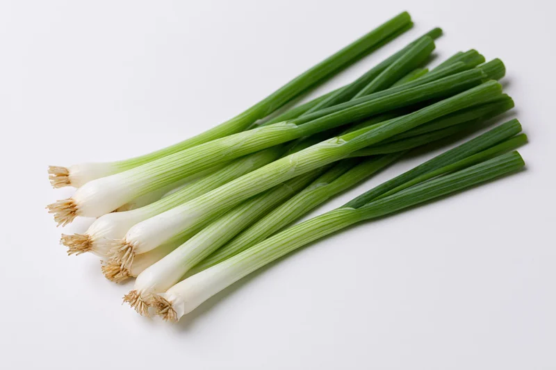 A small bunch of fresh green onions with white bulb ends arranged on a white surface