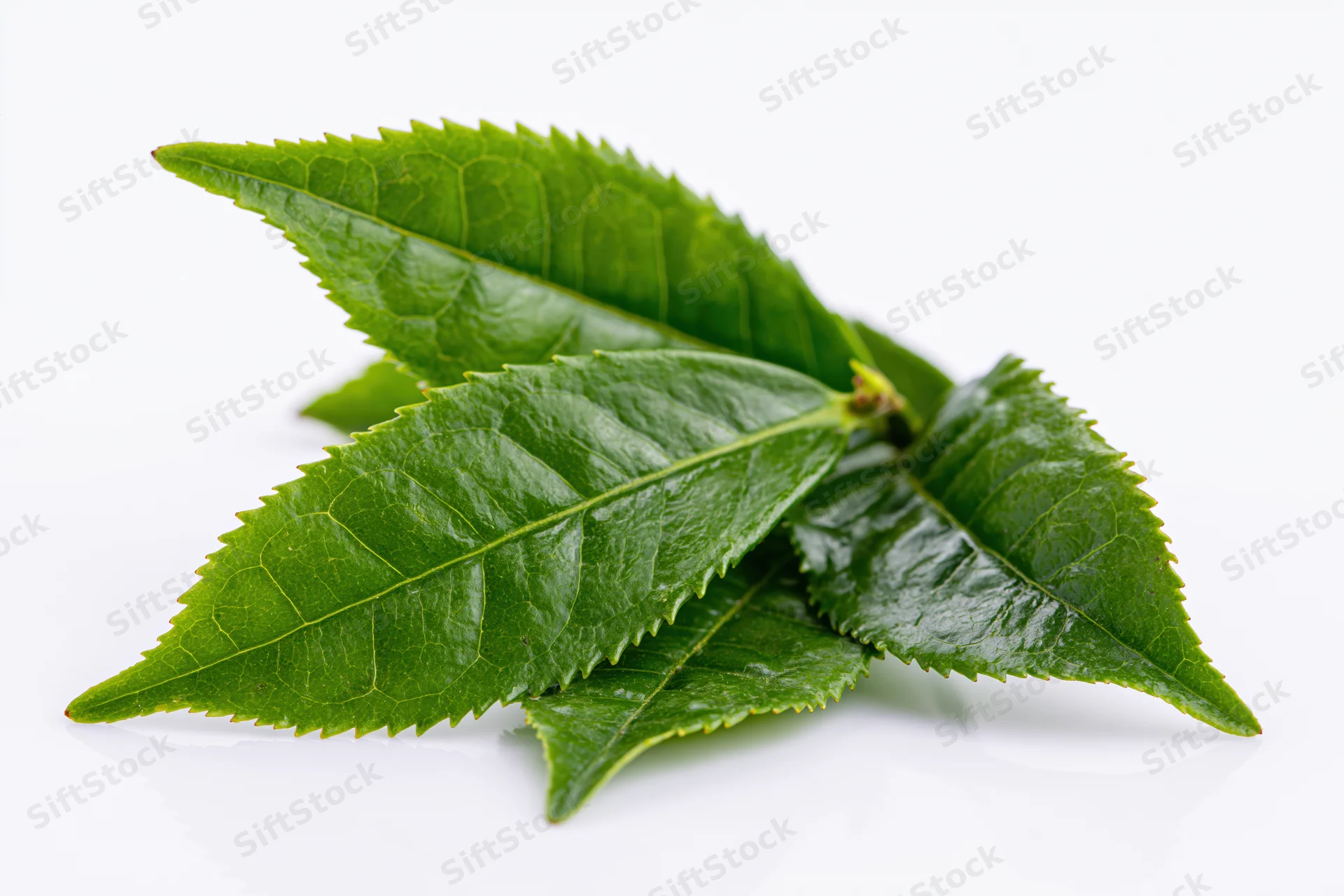 Fresh green tea leaves with serrated edges on white background