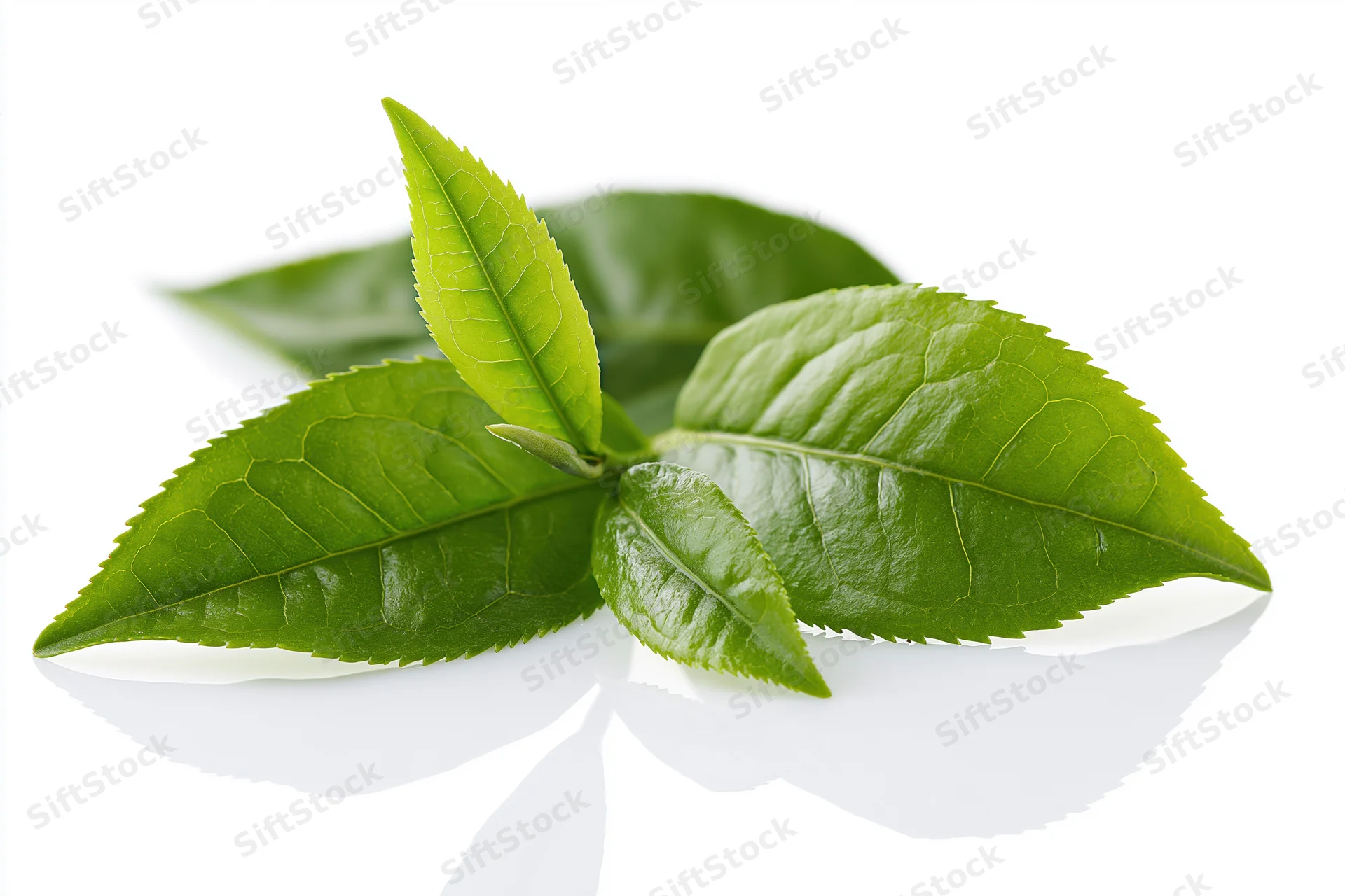 Fresh green tea leaves with serrated edges on a white reflective surface