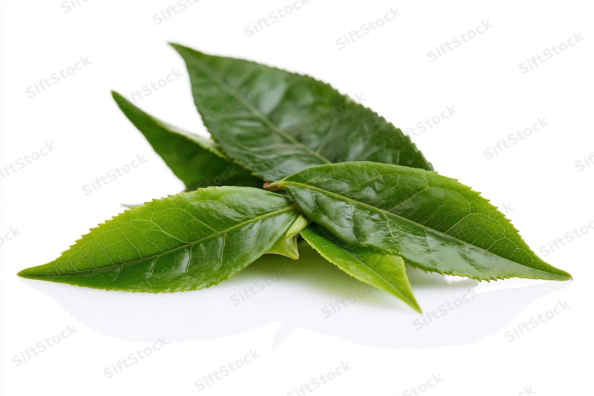 Fresh green tea leaves with serrated edges on white background