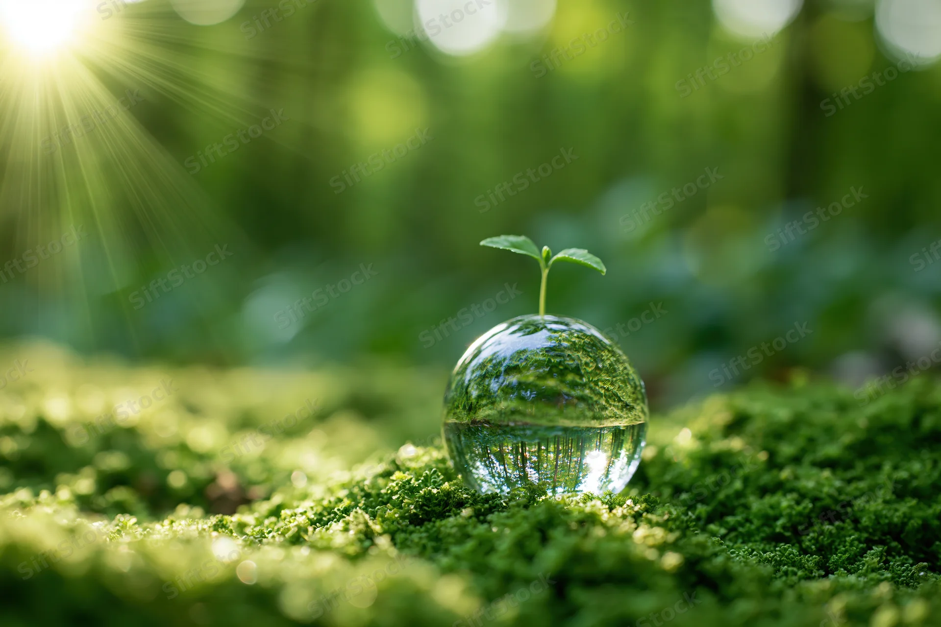 Glass globe with a sprout emerging from it resting on moss in a forest with sunlight filtering through trees