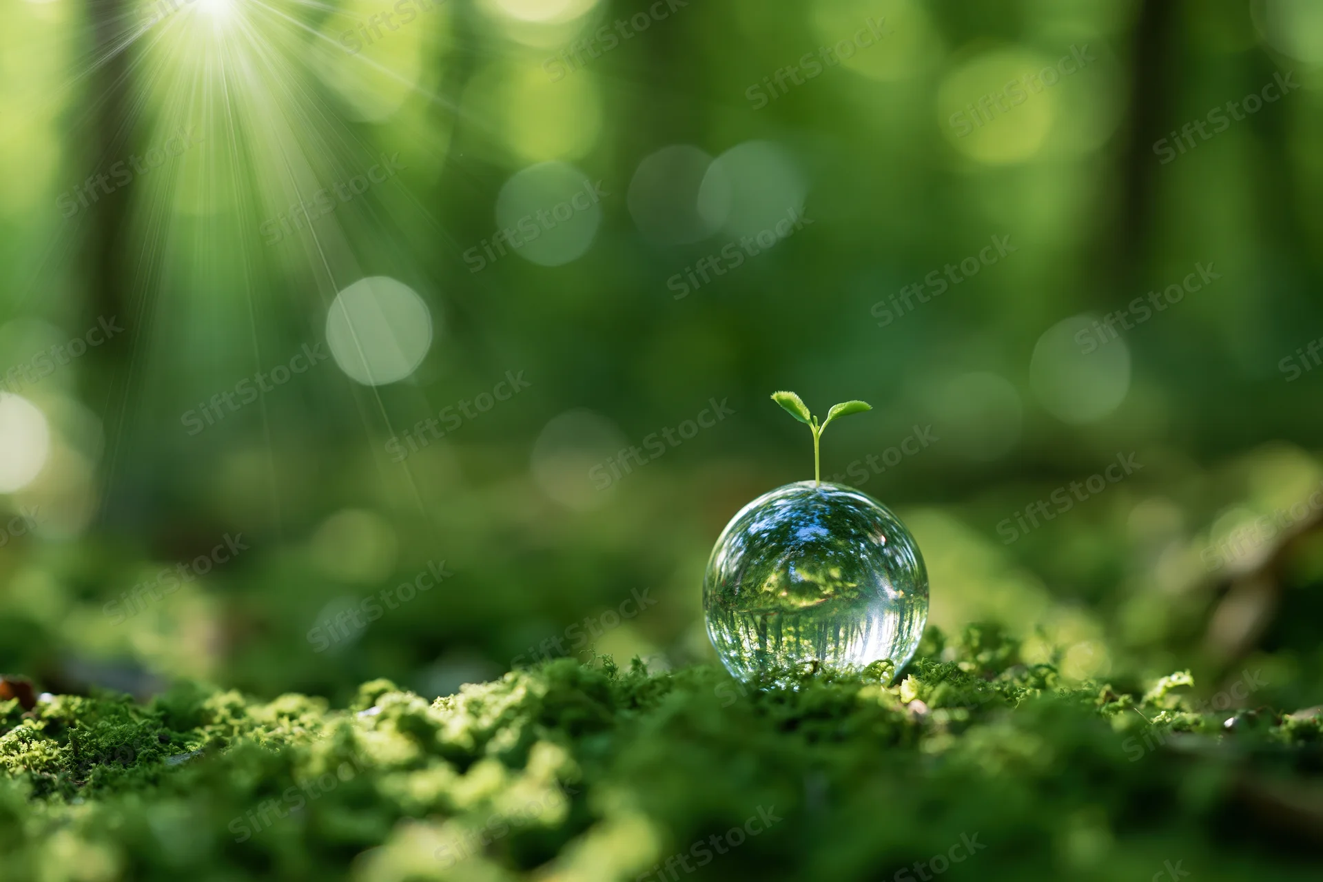 Glass globe with a small sprout resting on green moss in a sunlit forest