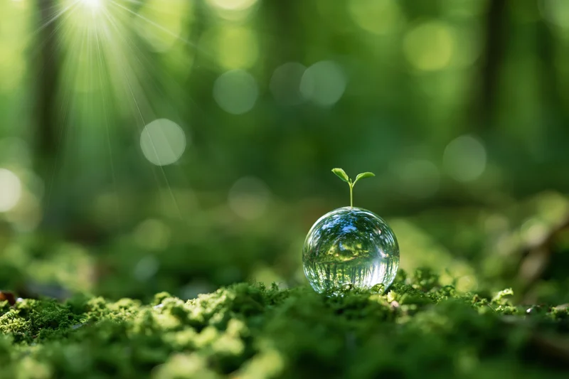 Glass globe with a small sprout resting on green moss in a sunlit forest