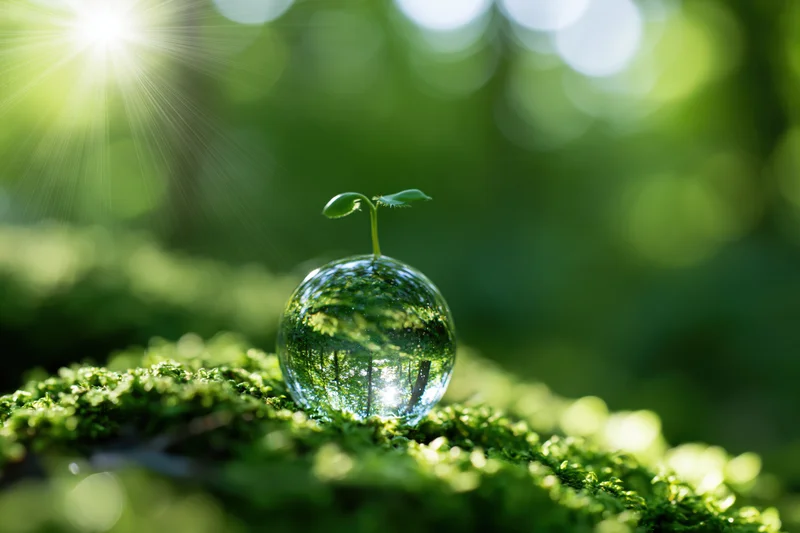 Glass globe resting on green moss in a forest with a sprout emerging from it, sunlight filtering through trees