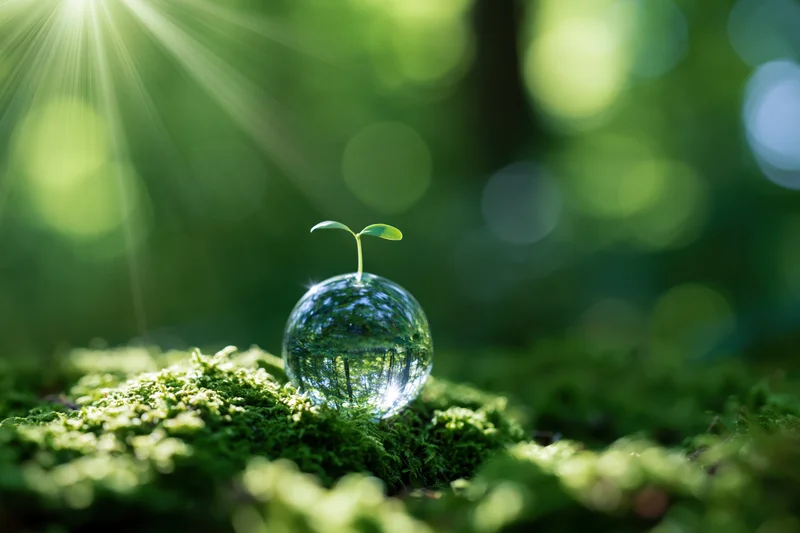 Glass globe with a sprout emerging from it resting on moss in a forest with sunlight streaming through trees