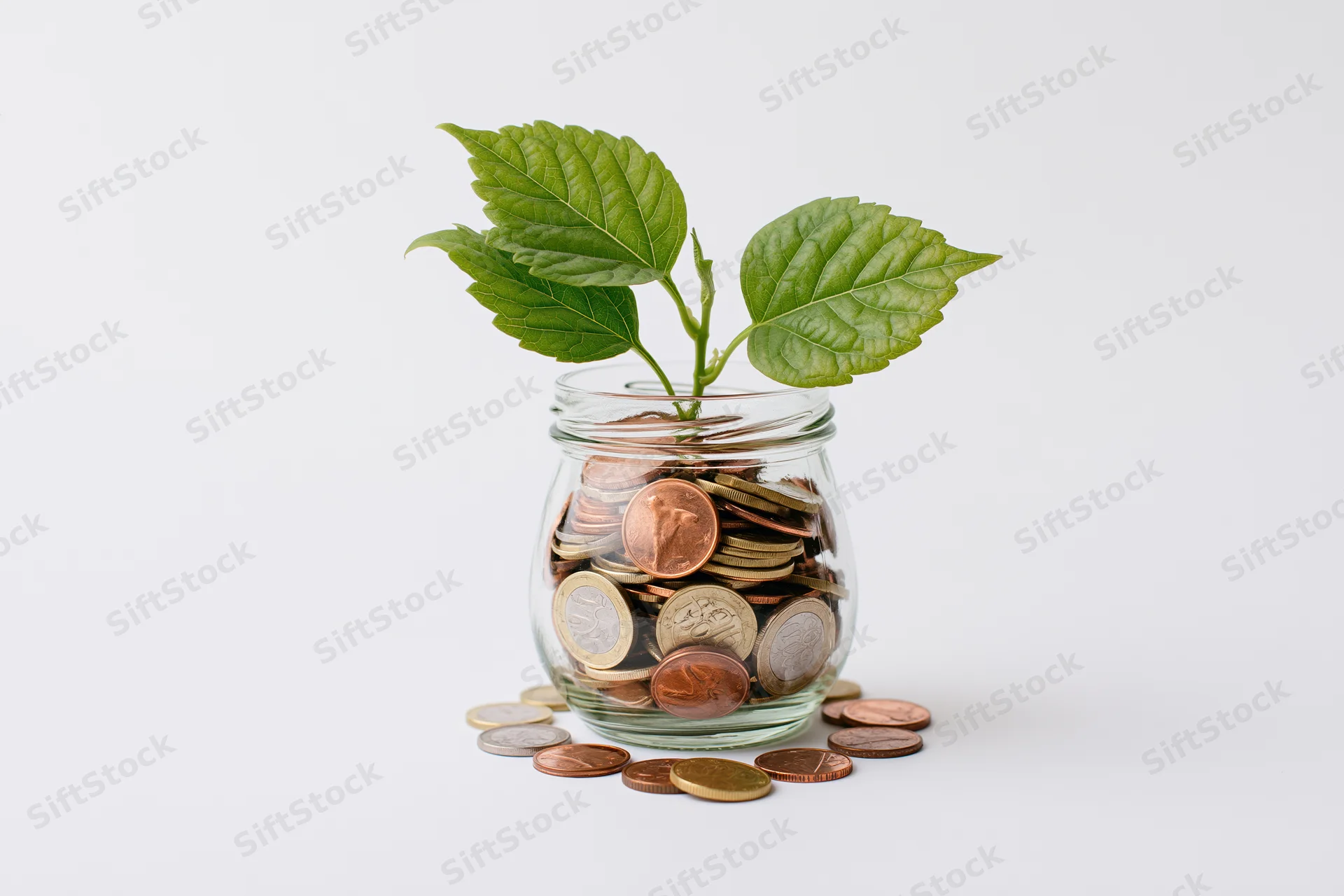 Small green plant sprouting from a glass jar filled with coins on a white surface