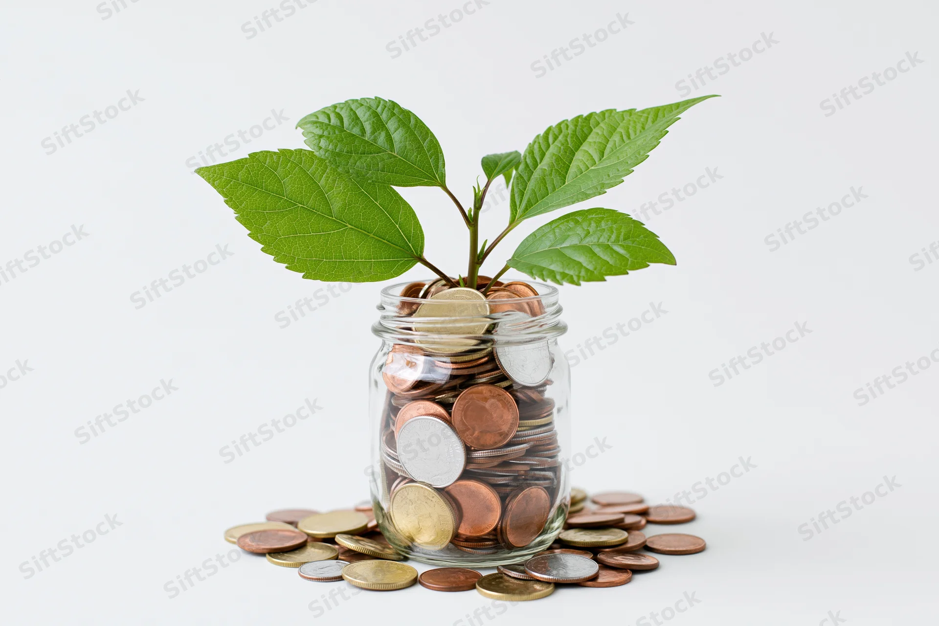 Small green plant sprouting from a glass jar filled with coins on white background