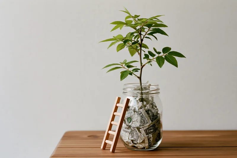 Small green plant growing from a glass jar filled with crumpled money on a wooden table with a tiny ladder leaning against it