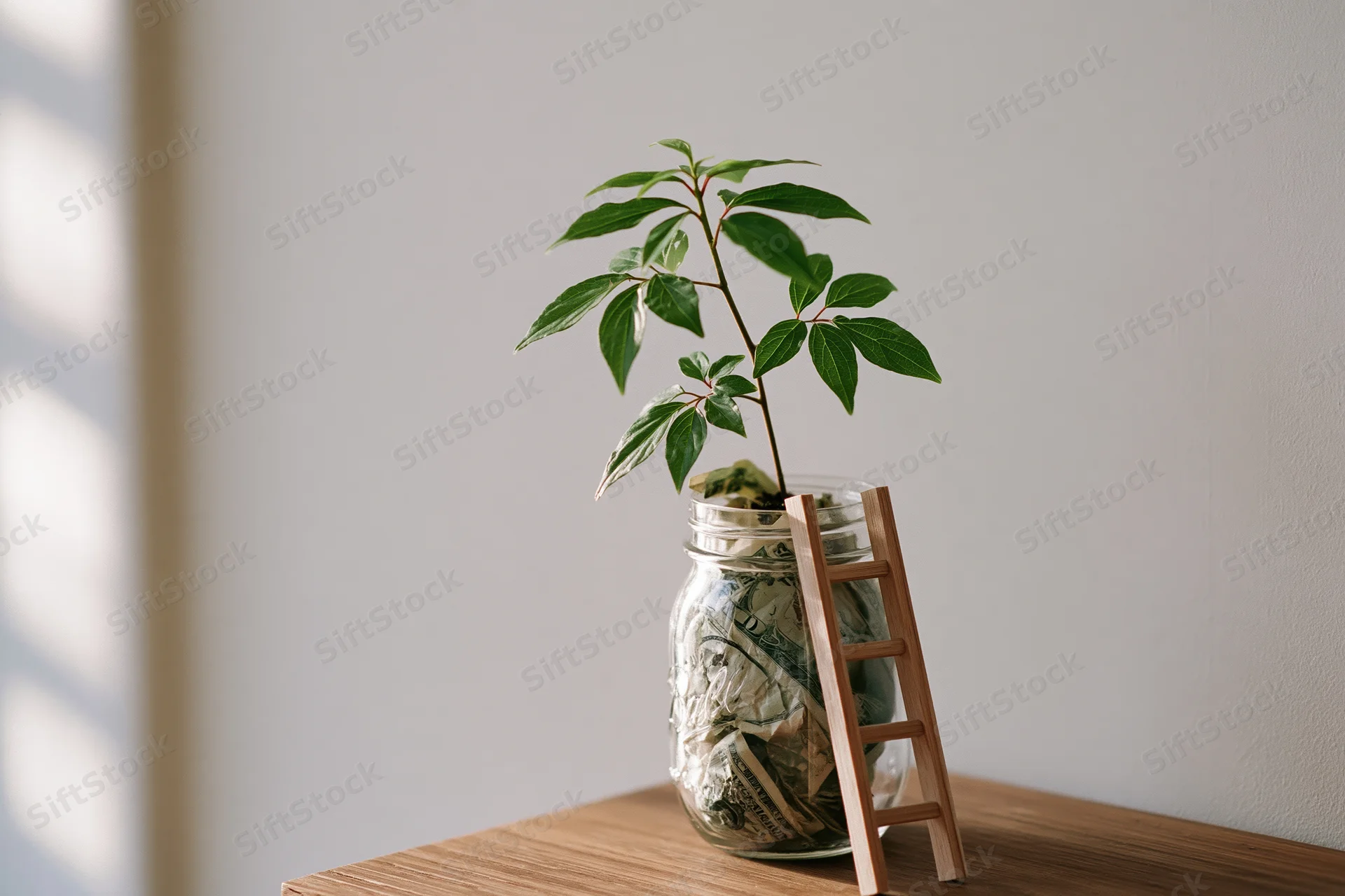 Small green plant growing from a glass jar filled with money on a wooden table with a miniature ladder beside it
