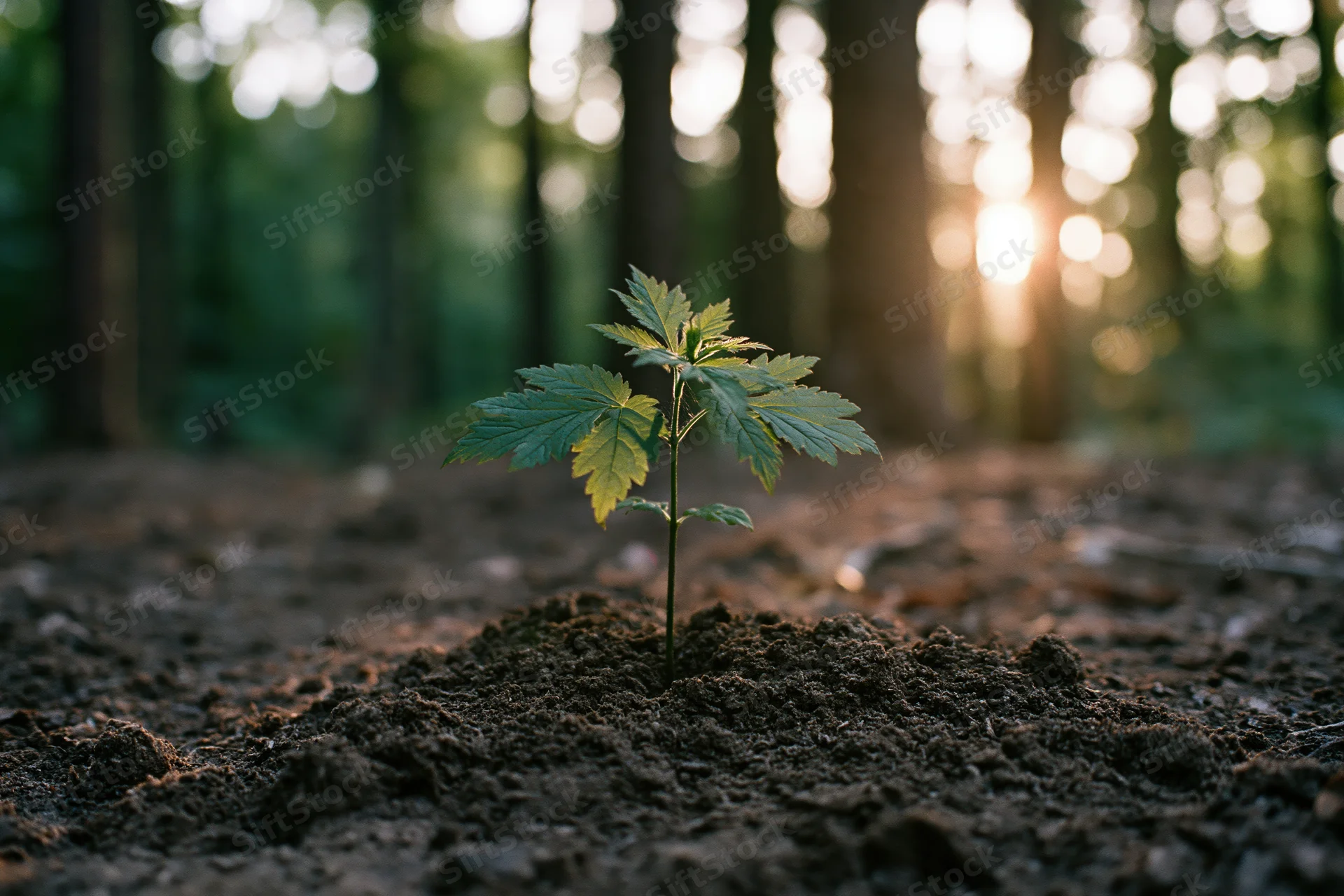 Small green sapling growing from soil in a forest with sunlight filtering through trees