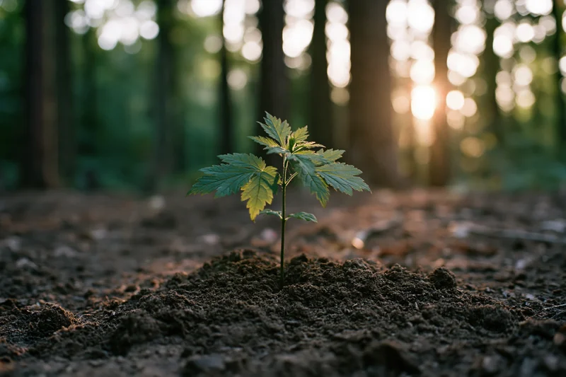 Small green sapling growing from soil in a forest with sunlight filtering through trees