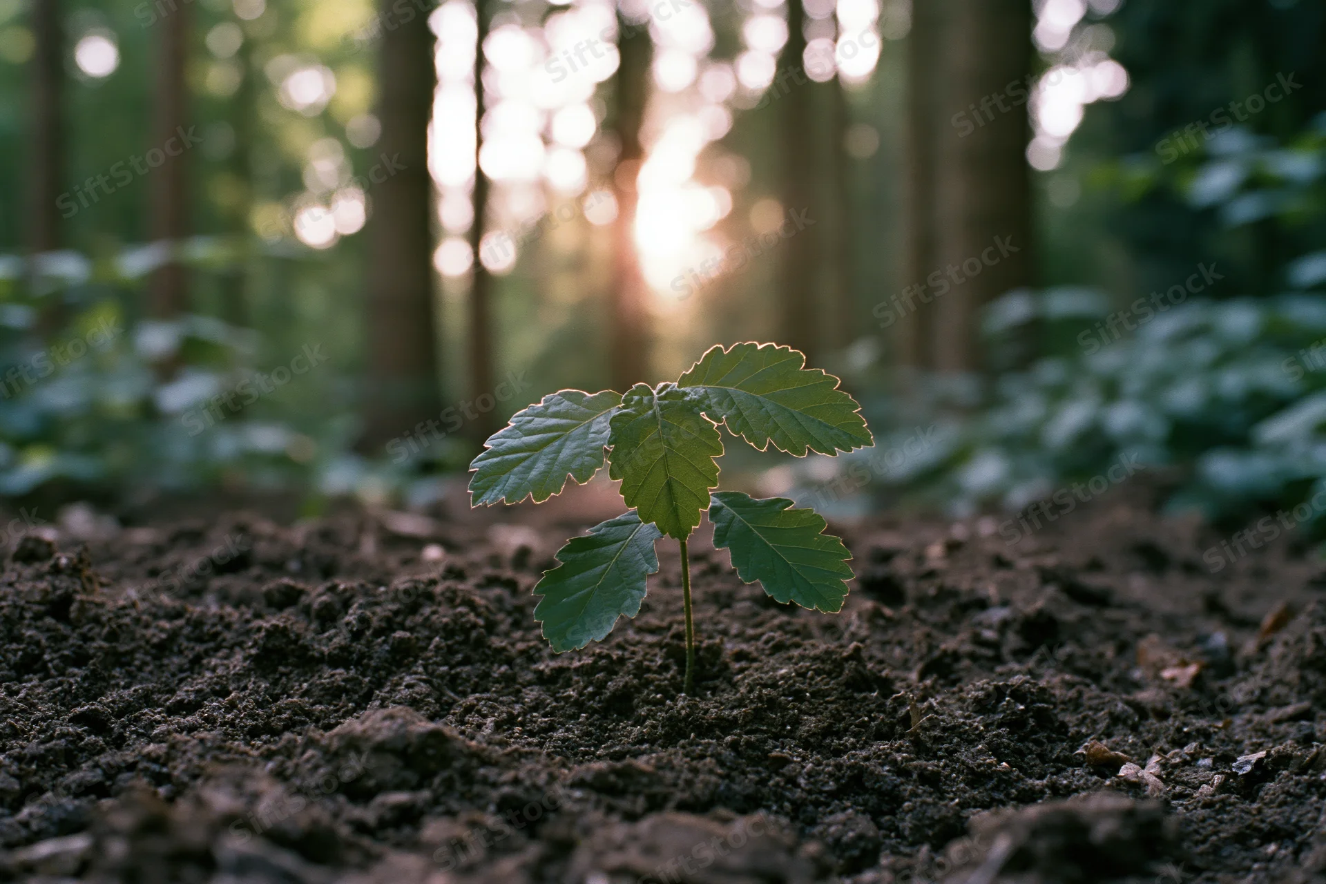 Small green sapling with serrated leaves growing from soil in a forest at dawn