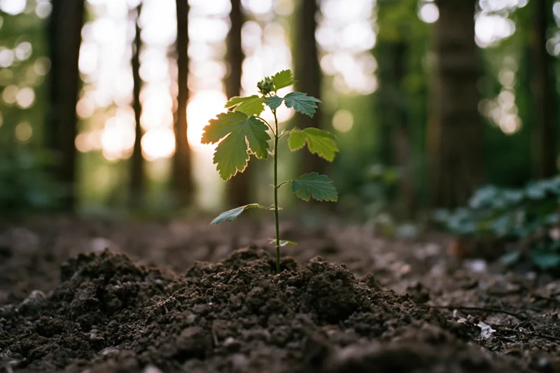 Small green sapling growing from soil in a forest with sunlight filtering through trees