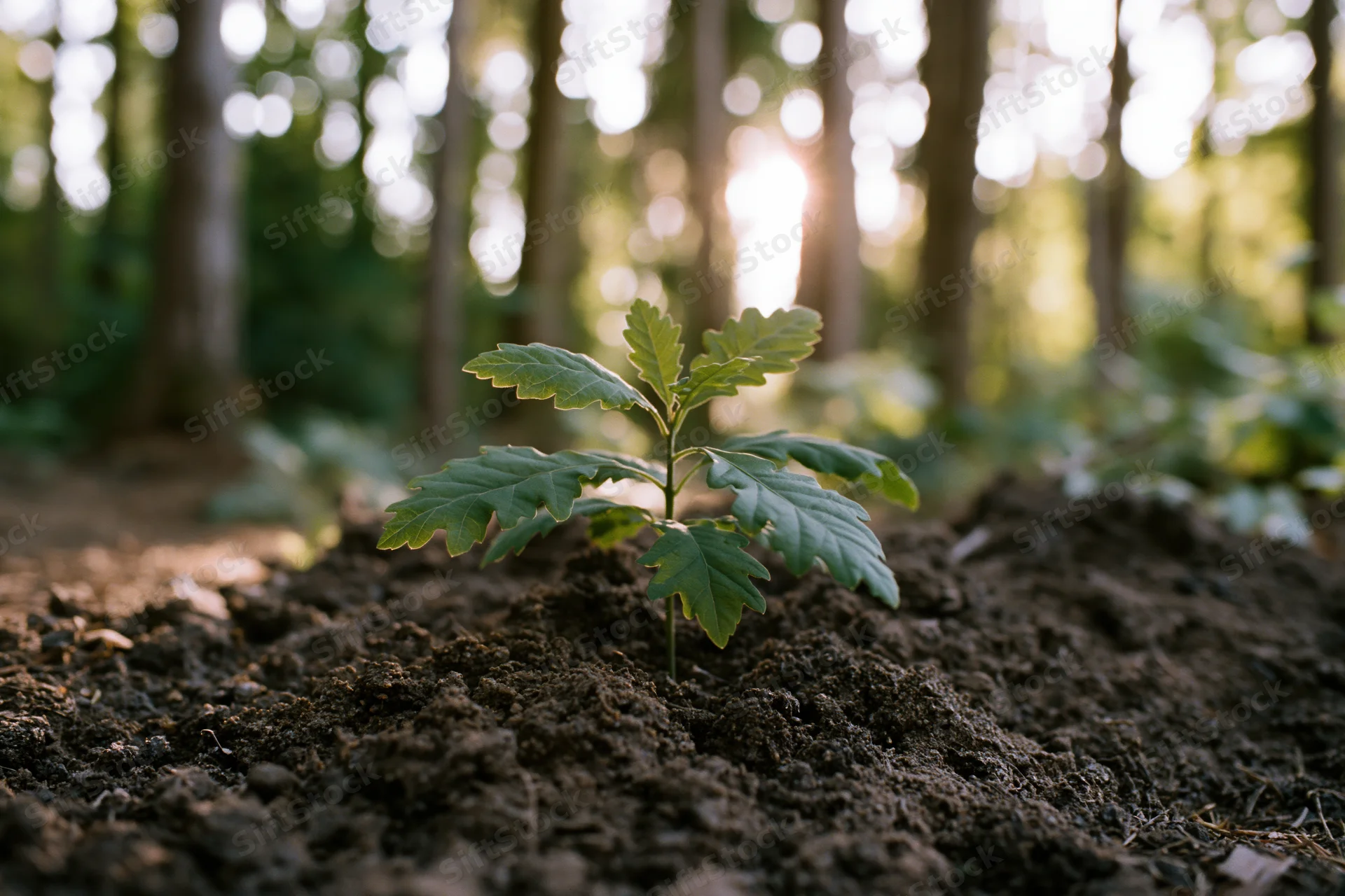 Small oak sapling growing in soil with sunlight filtering through forest trees