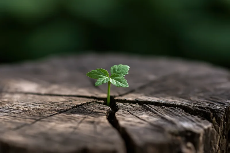 Small green seedling sprouting from a crack in a weathered tree stump