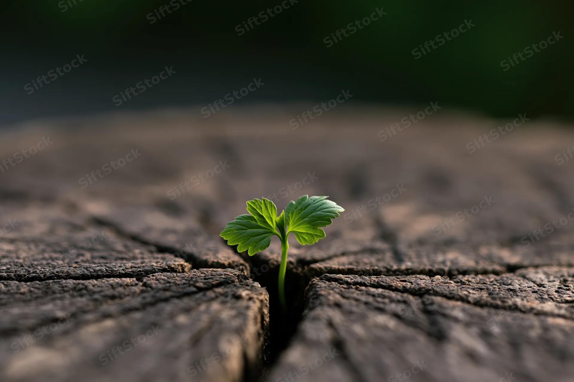 Small green seedling sprouting from a crack in weathered wood