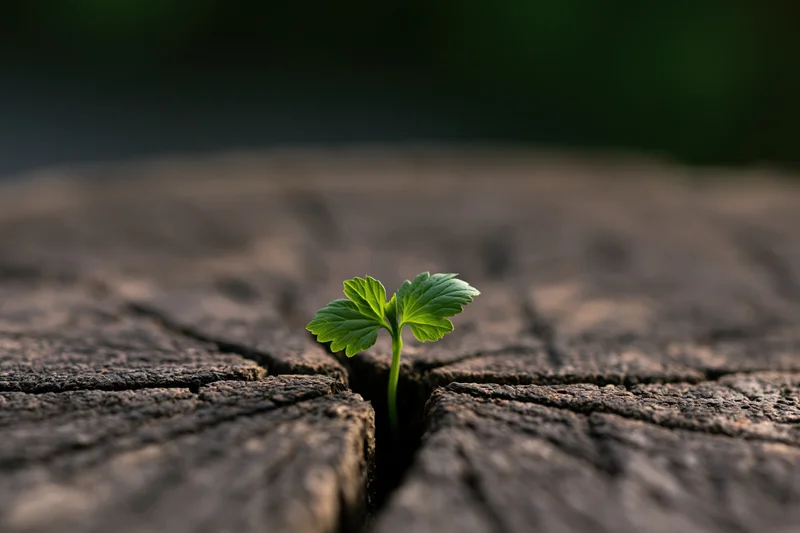 Small green seedling sprouting from a crack in weathered wood
