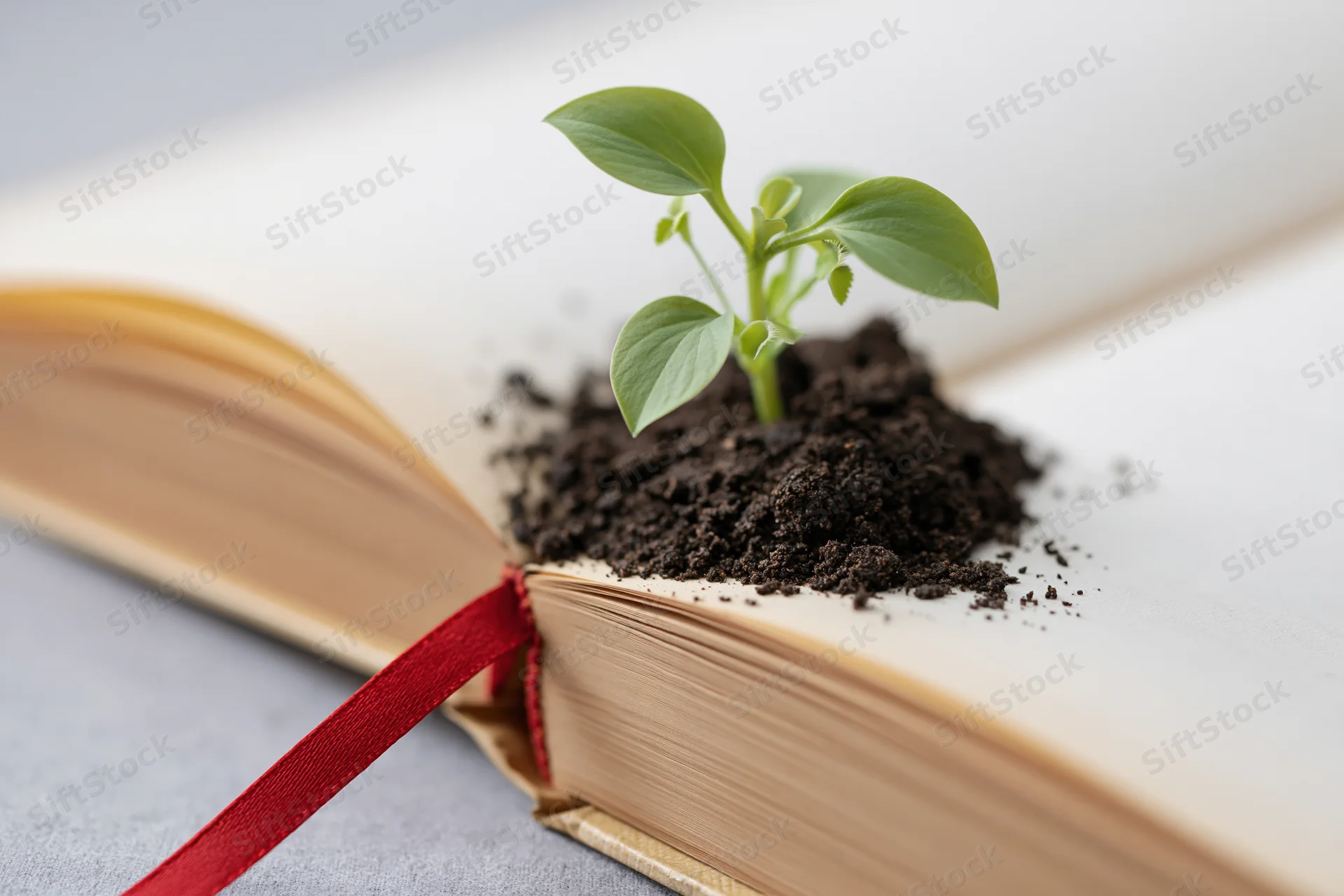 Small green seedling sprouting from soil on open book with red ribbon