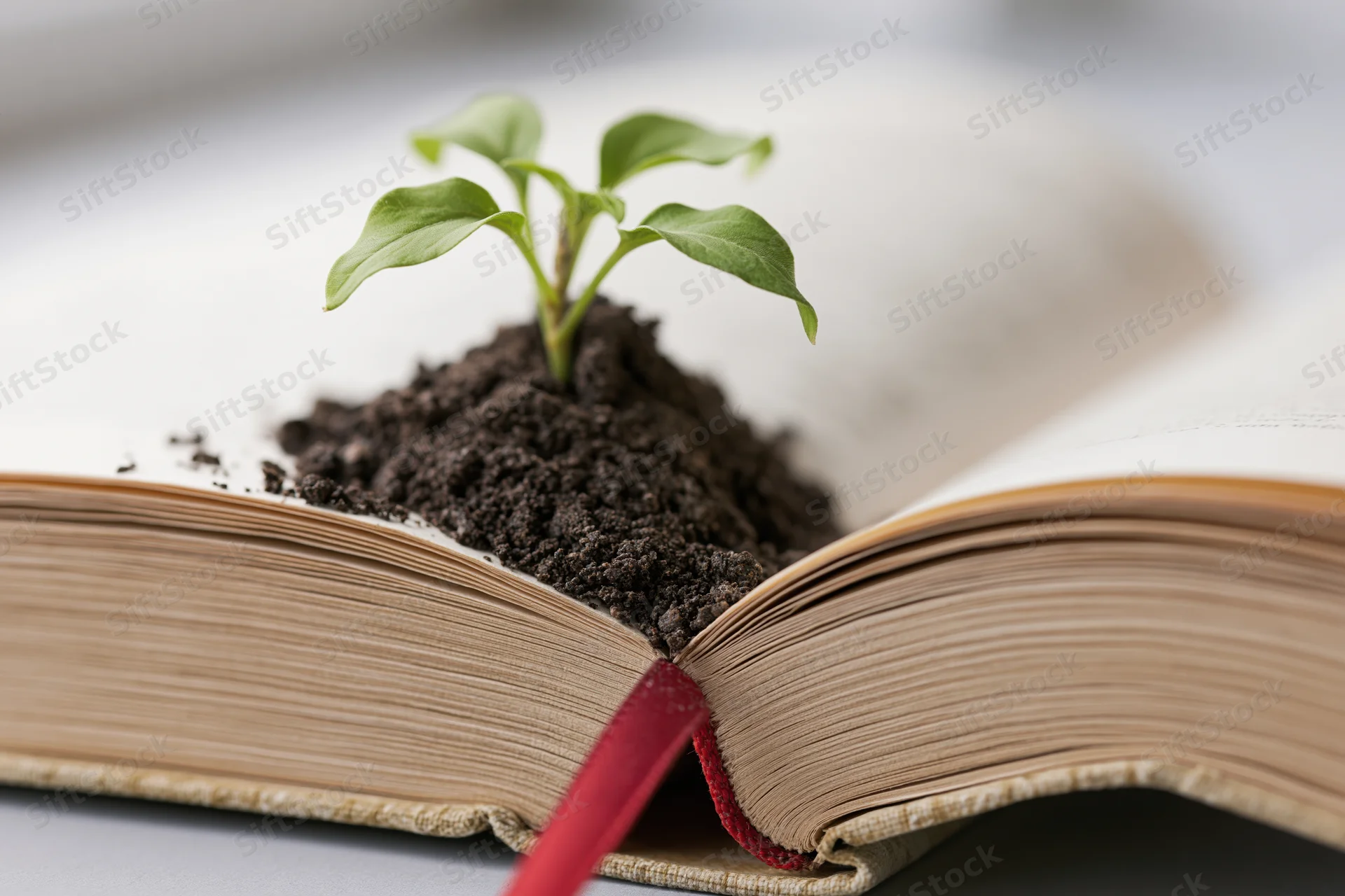 Small green seedling sprouting from soil placed on open book pages