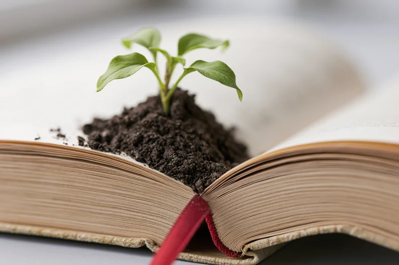 Small green seedling sprouting from soil placed on open book pages