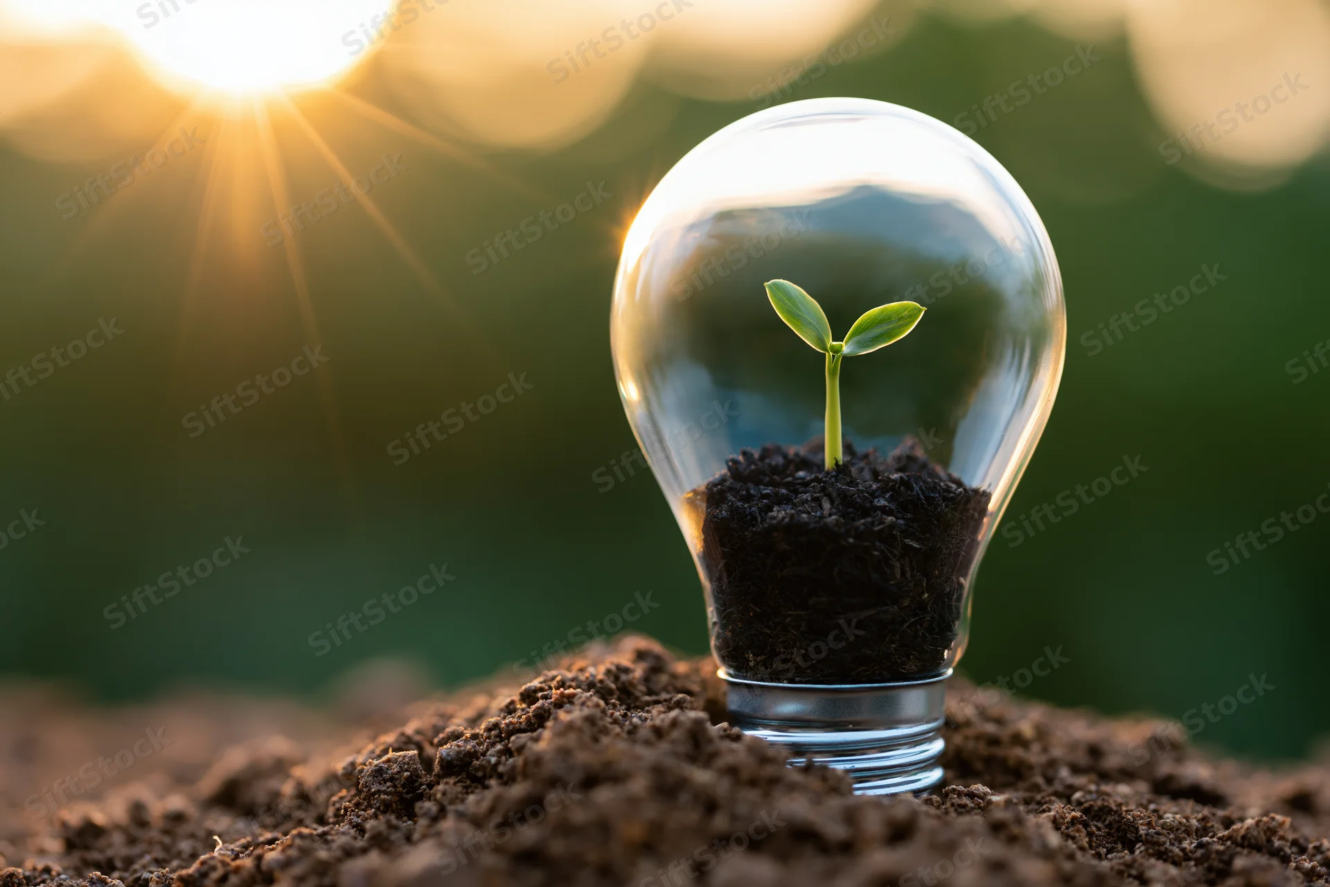Seedling growing inside a lightbulb filled with soil, set on earth under sunlight