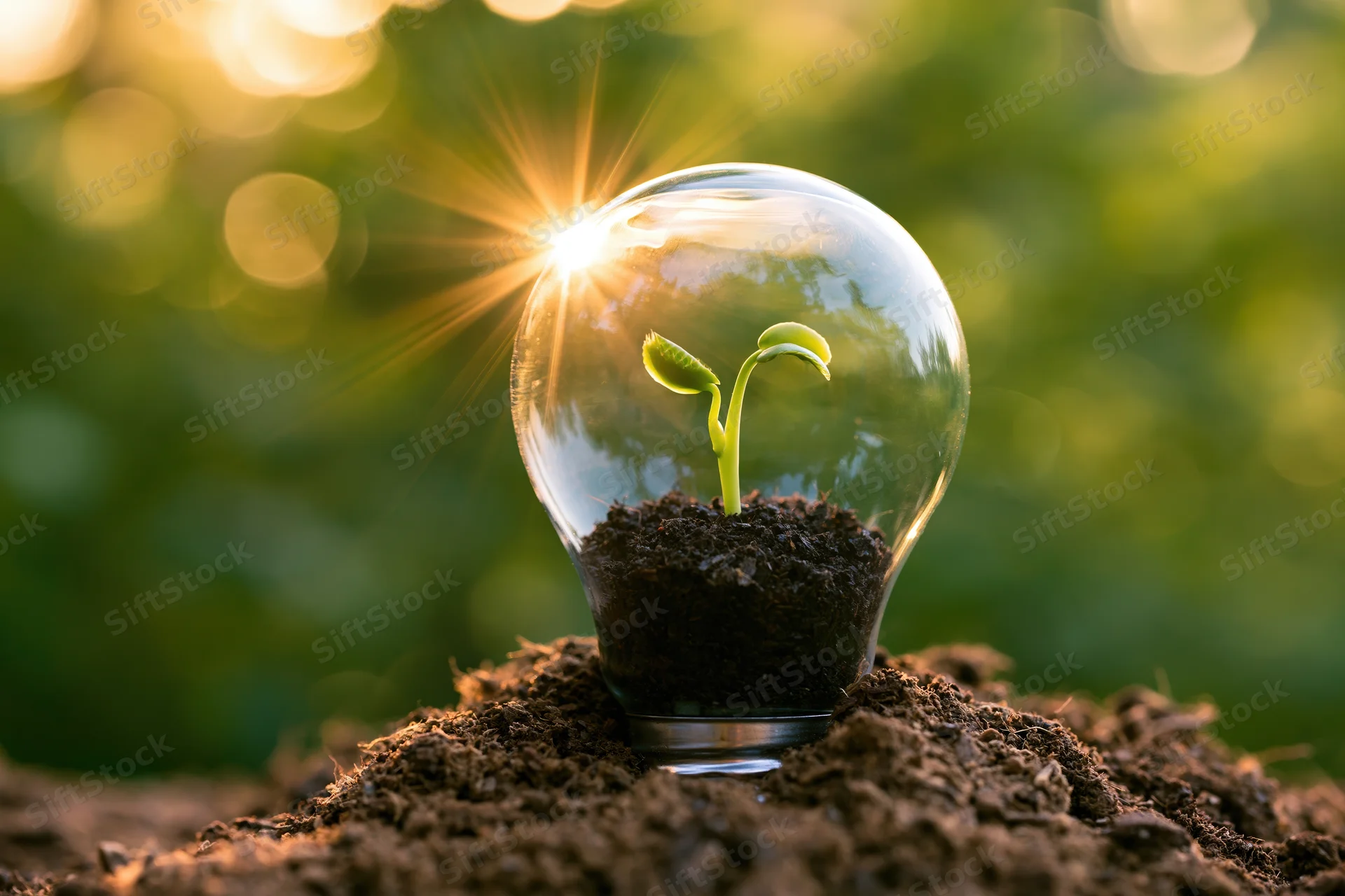 Small green seedling growing inside a clear lightbulb filled with soil, placed on a mound of earth outdoors in sunlight