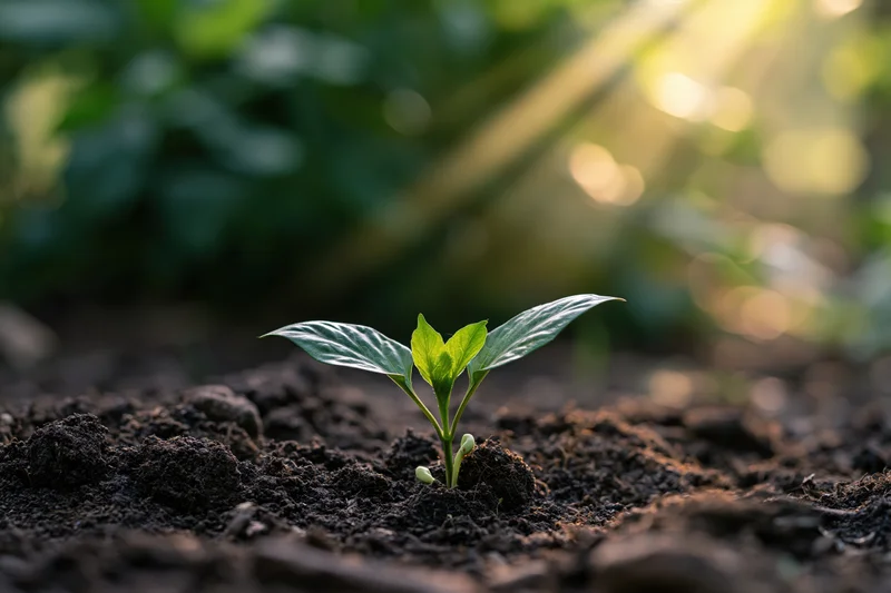 Small green seedling emerging from dark soil in a garden setting with sunlight filtering through leaves