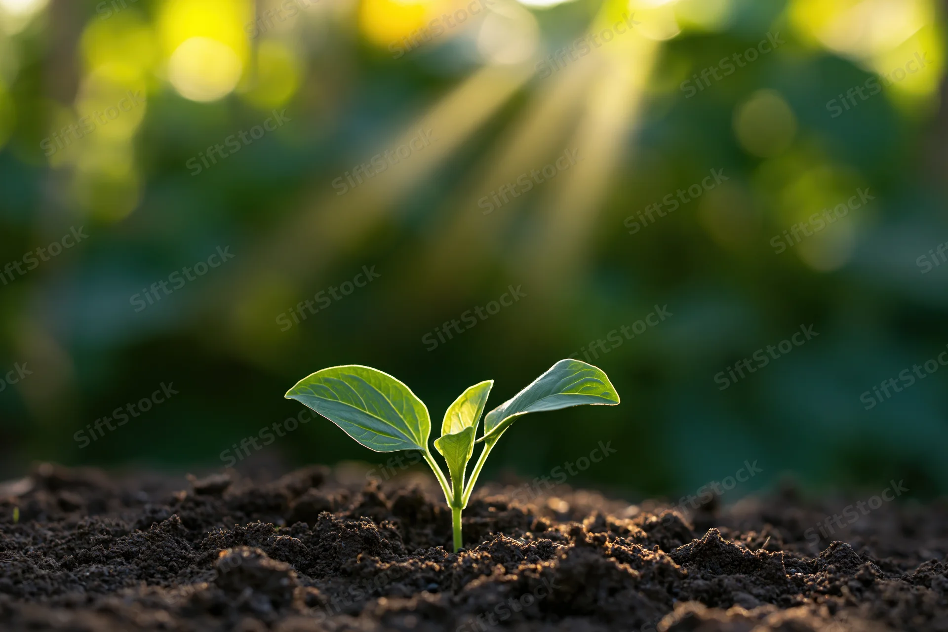 Small green seedling emerging from dark soil with sunlight rays in garden