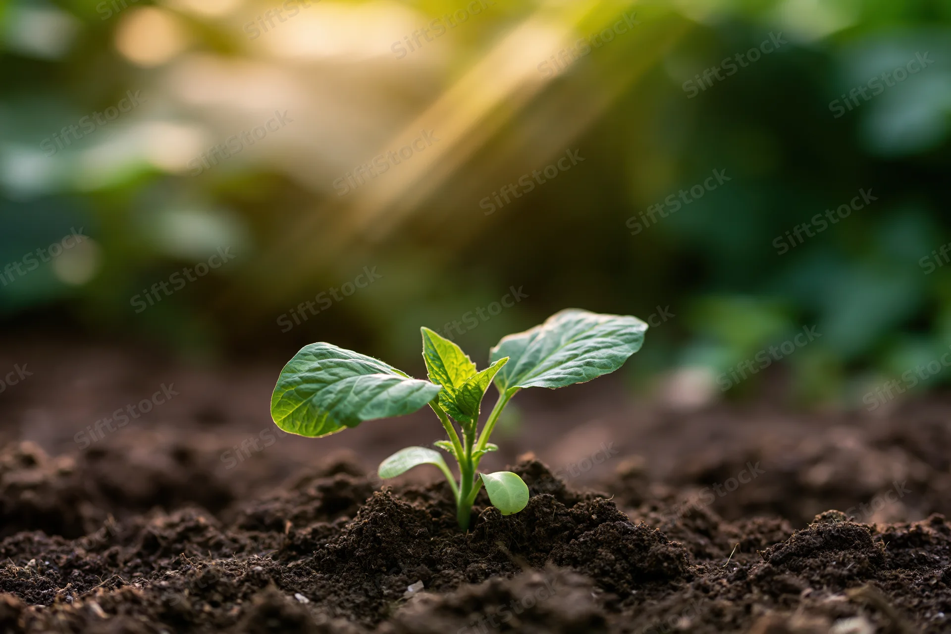 Small green seedling emerging from dark soil in a garden setting
