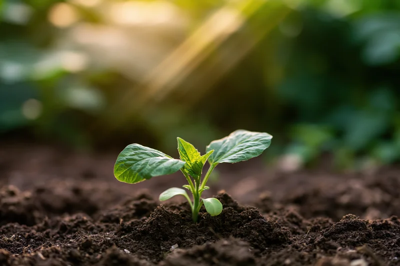 Small green seedling emerging from dark soil in a garden setting