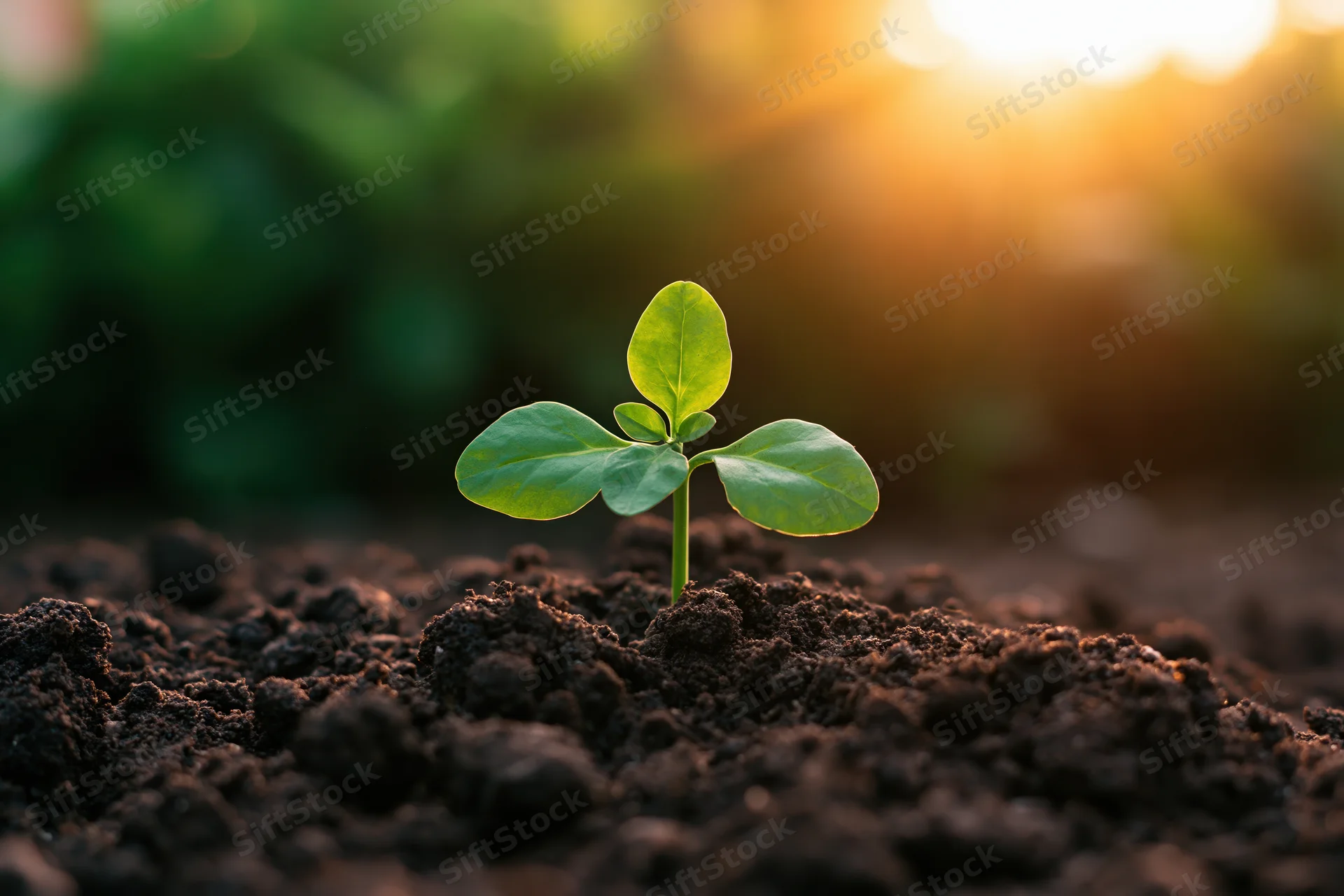 Small green seedling with four oval leaves emerging from dark soil at sunrise