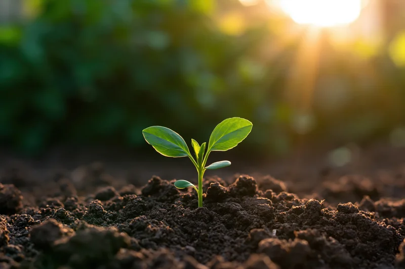 Small green seedling emerging from dark soil with sunlight in background
