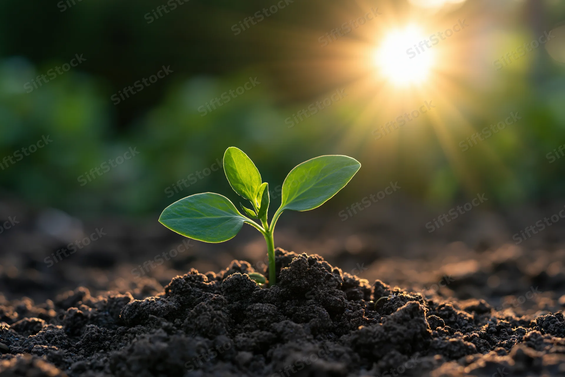 Small green seedling with four oval leaves growing from dark soil under bright sunlight