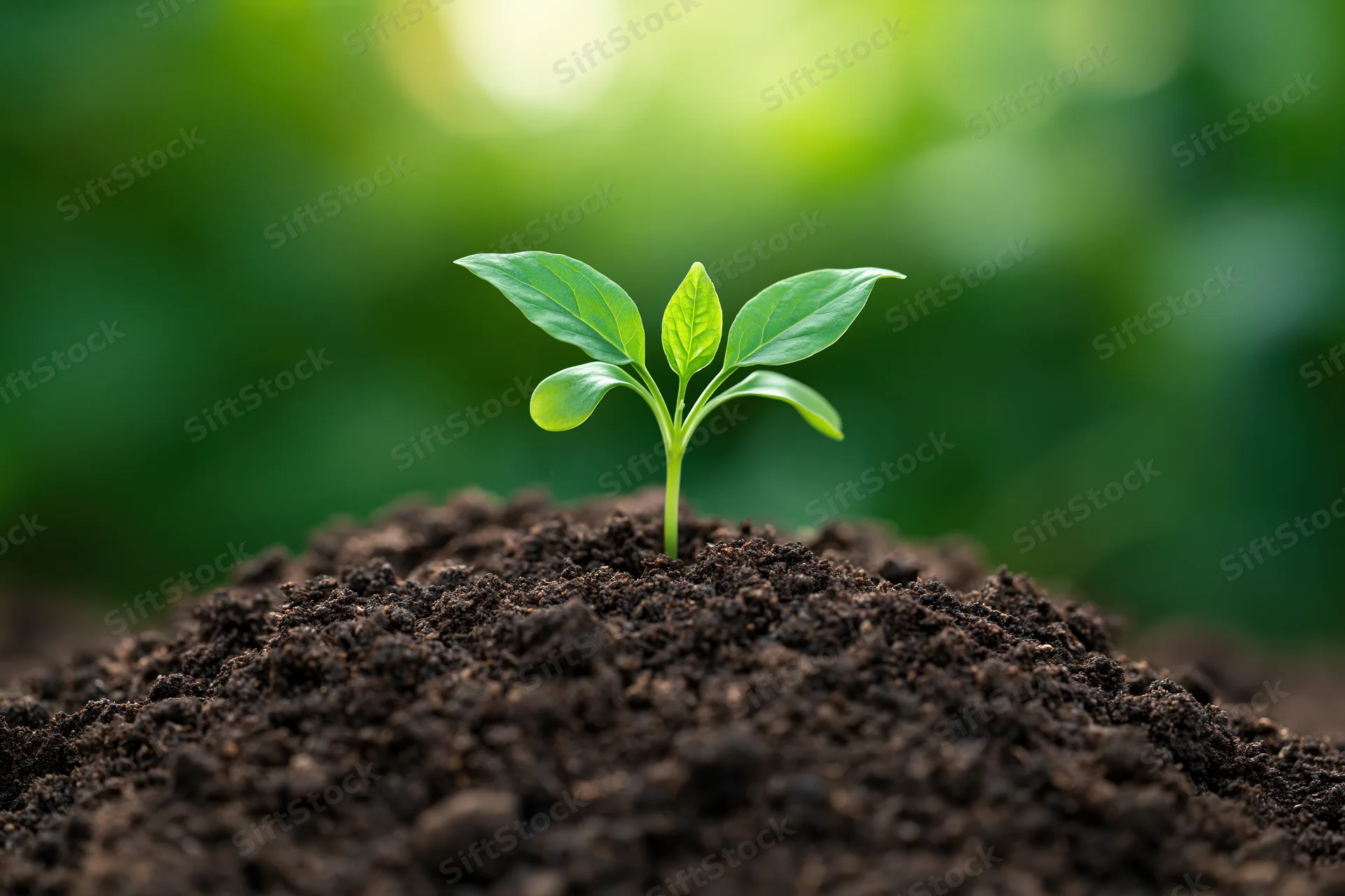 Small green seedling with four leaves emerging from dark soil in a garden setting
