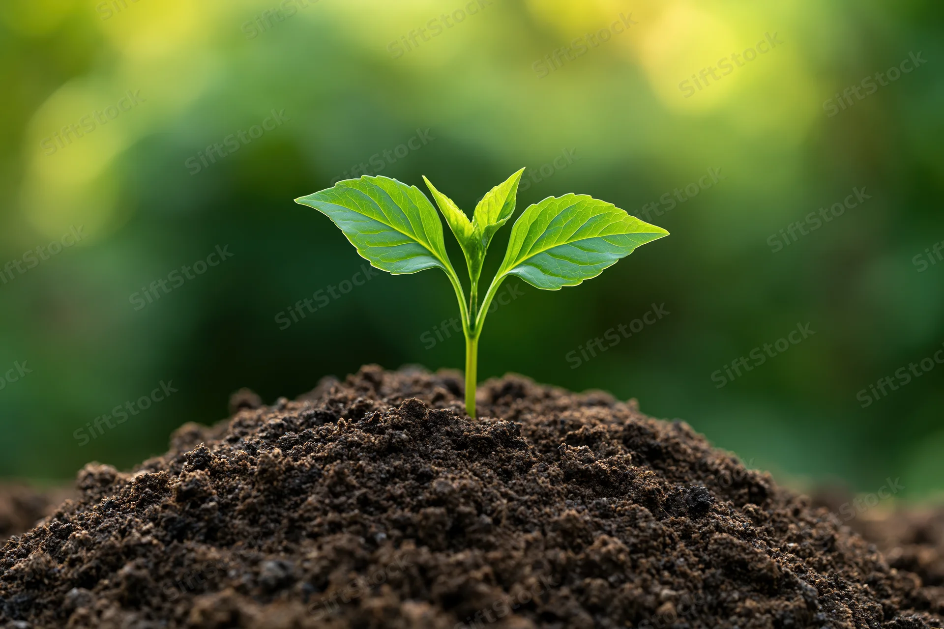 Small green seedling with four leaves emerging from a mound of dark soil in a garden setting