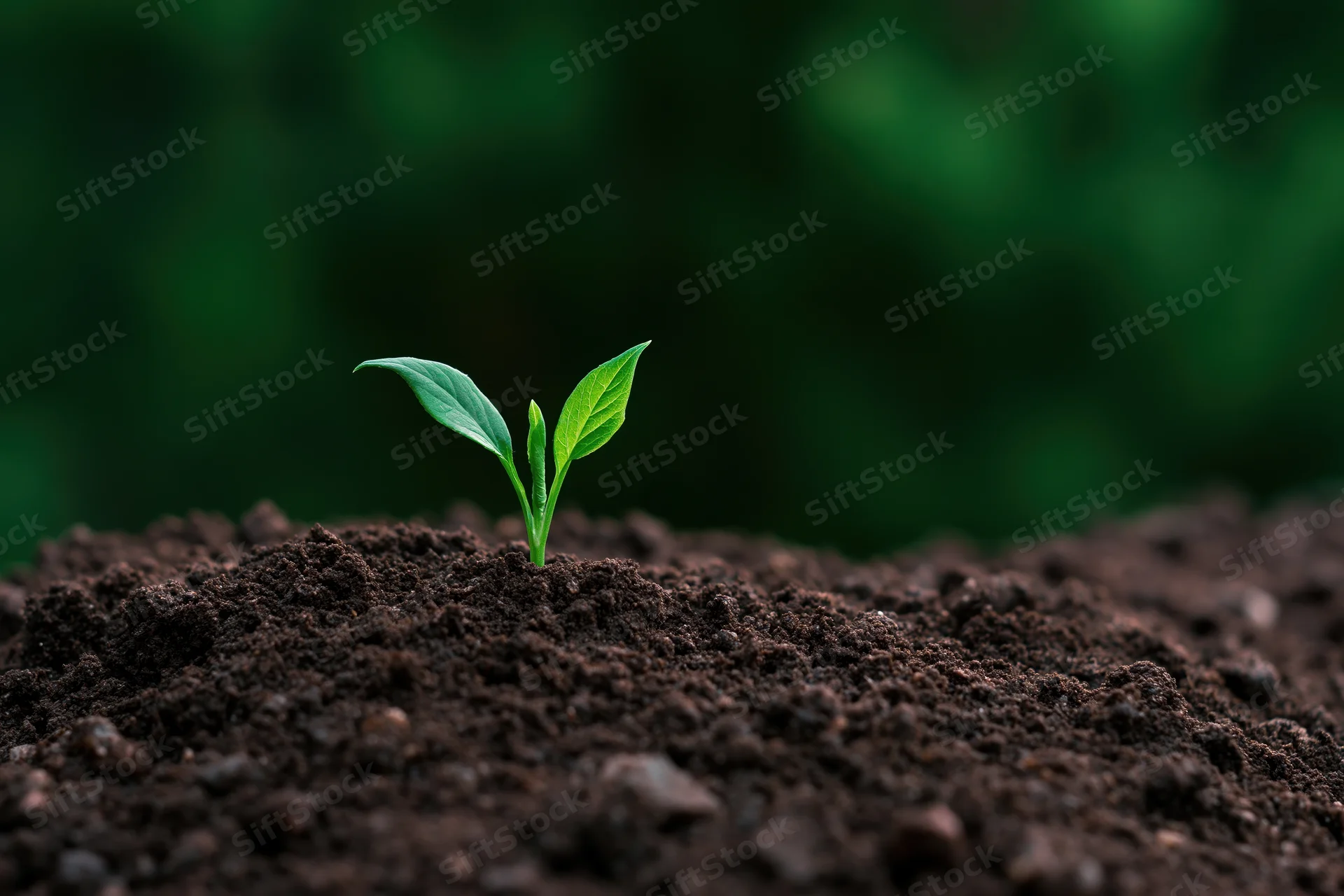 Small green seedling emerging from dark soil in a garden setting