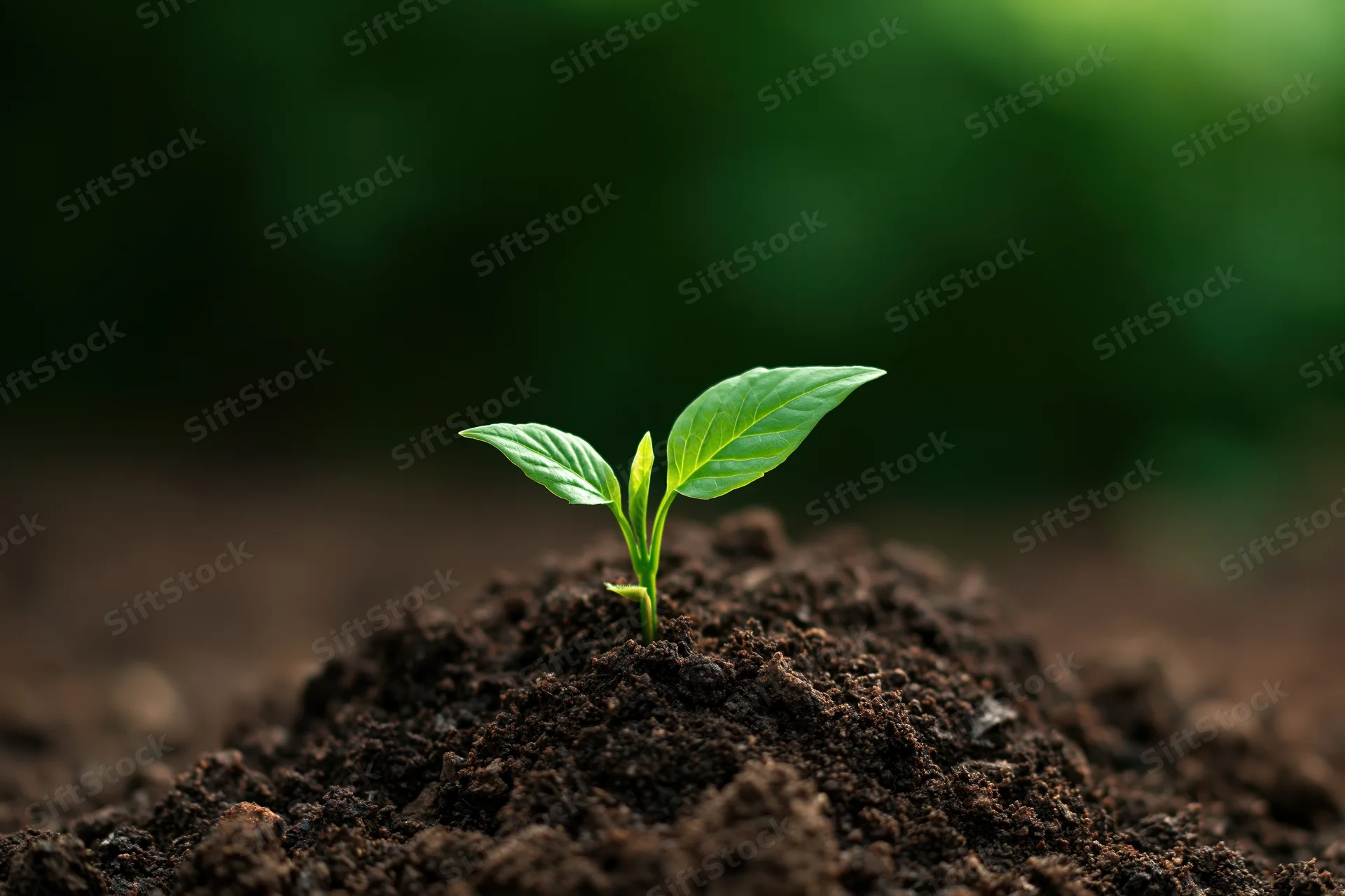 Small green seedling emerging from dark soil in a garden bed