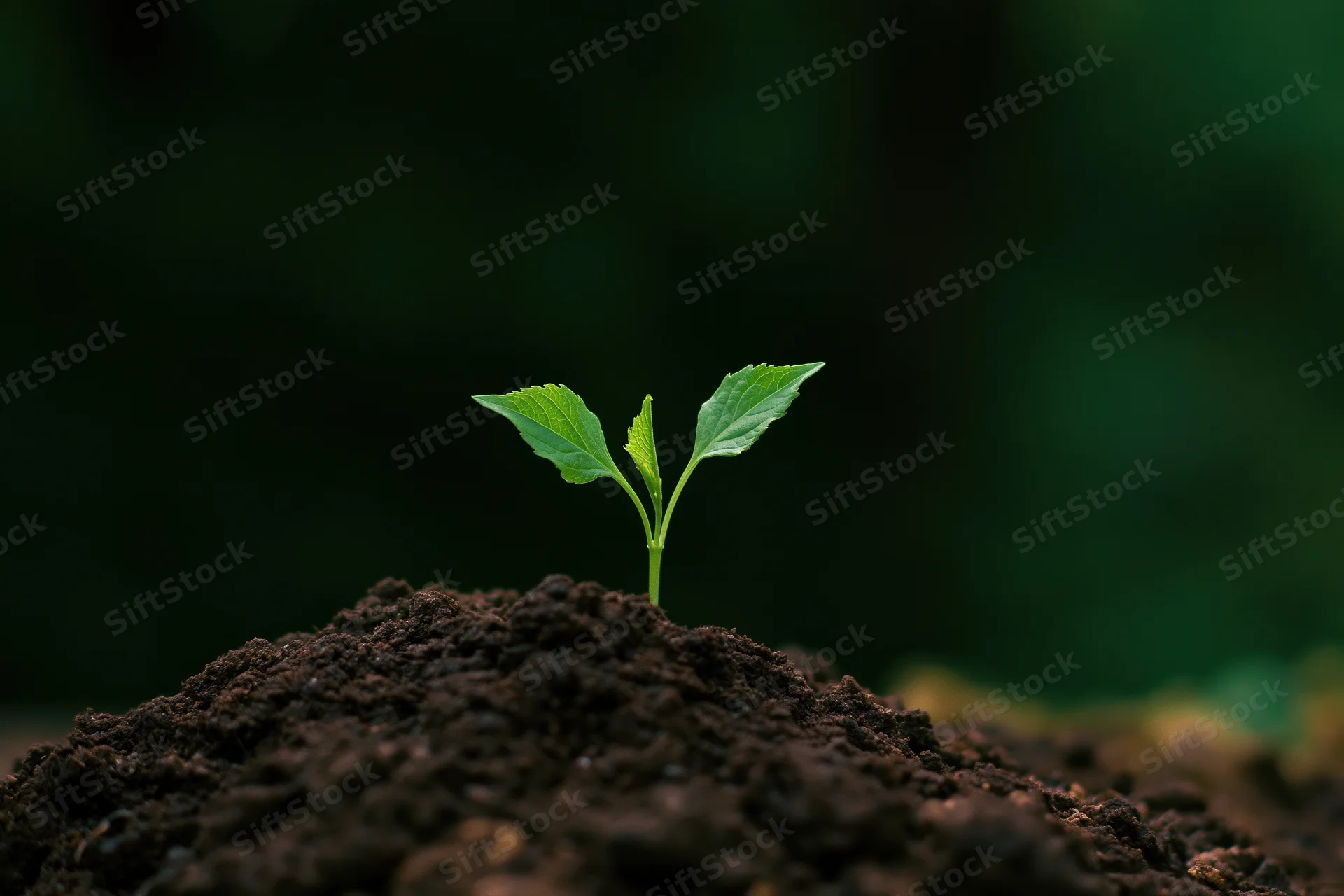 Small green seedling emerging from dark soil with blurred green background
