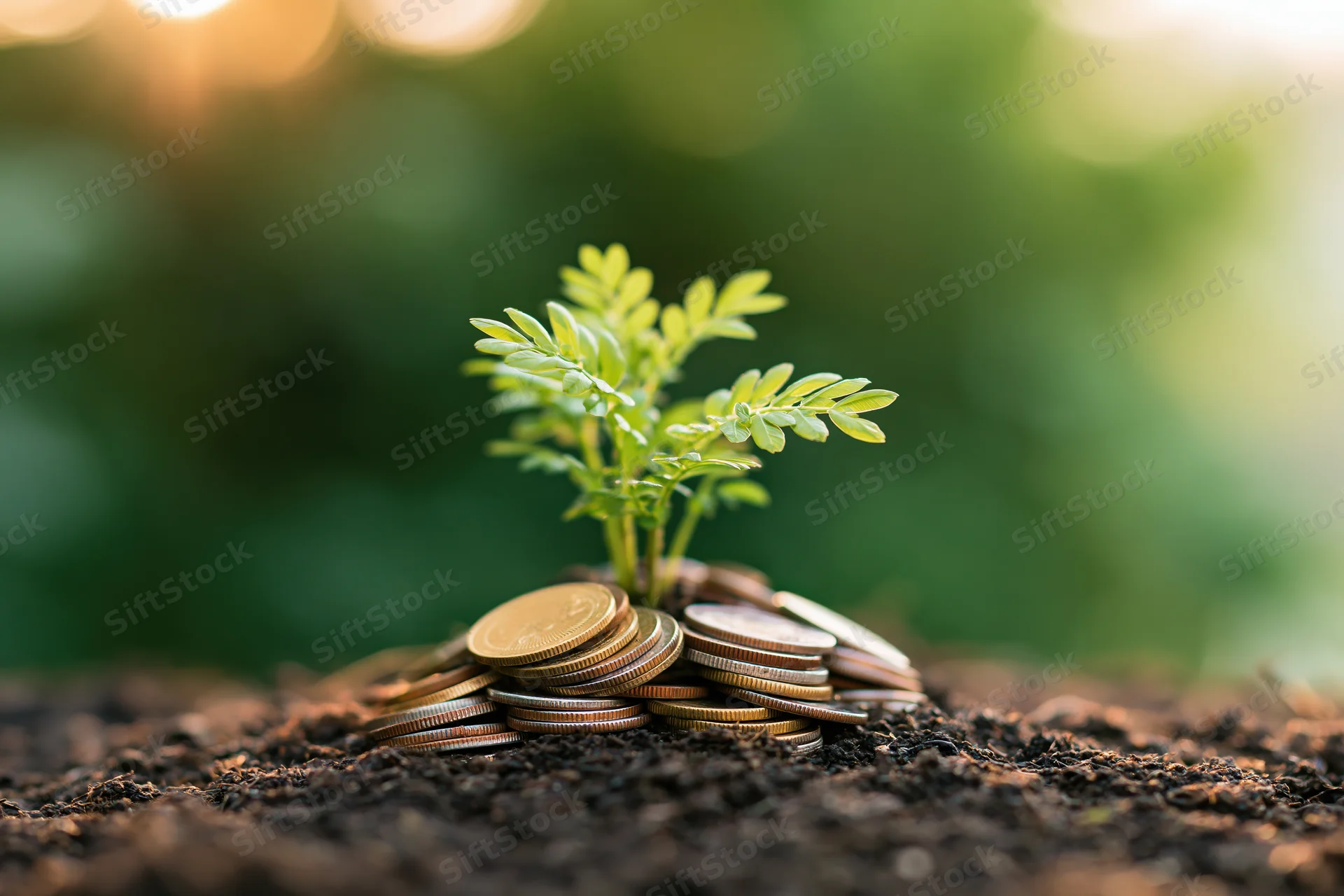 Small green plant growing from a pile of coins in soil