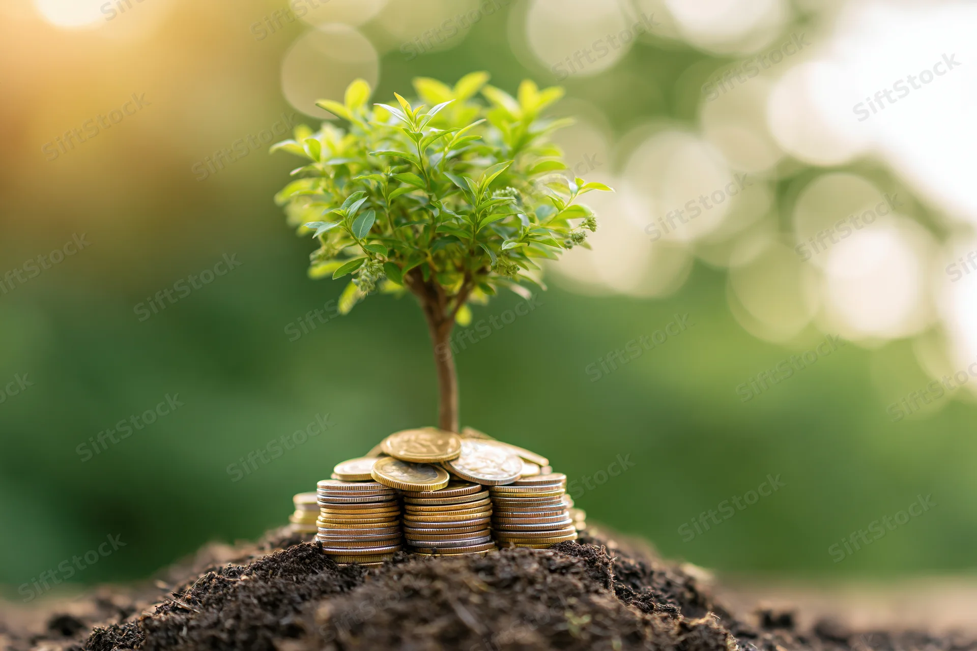 Small green tree growing from a mound of stacked gold and silver coins in soil outdoors