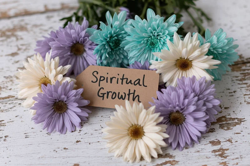 Colorful daisies arranged around a kraft tag reading spiritual growth on a weathered wooden surface
