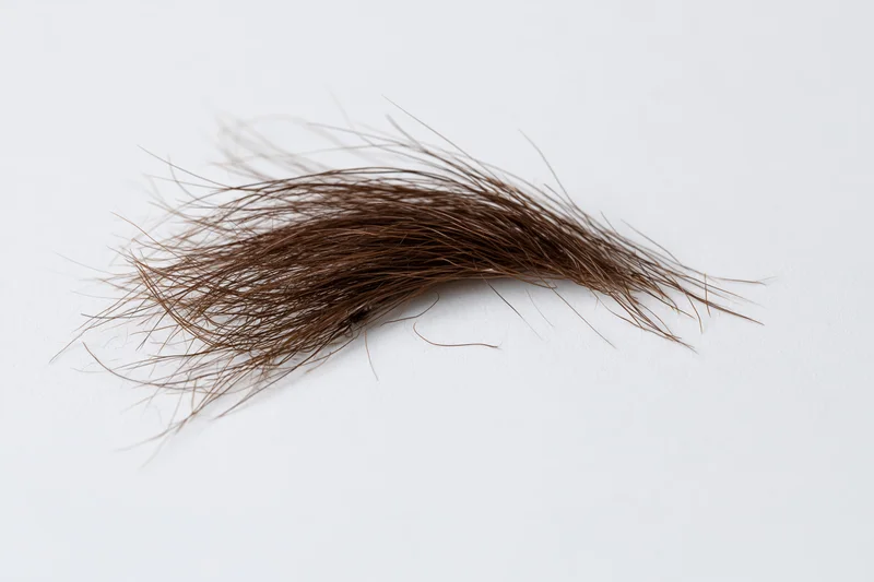 Loose clump of dark brown human hair on plain white surface