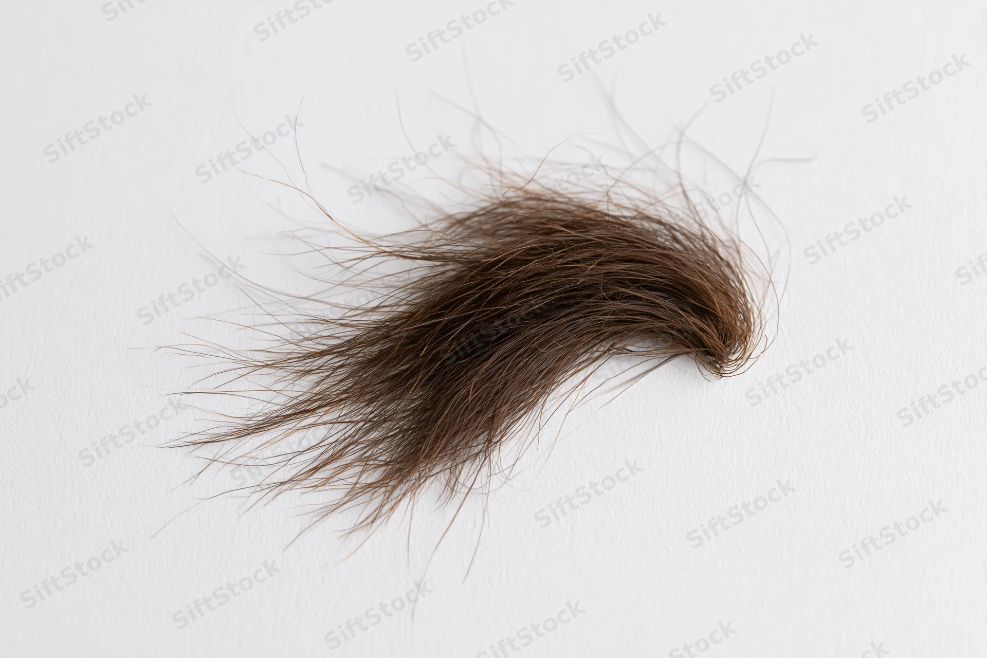 Loose clump of dark brown human hair on plain white surface