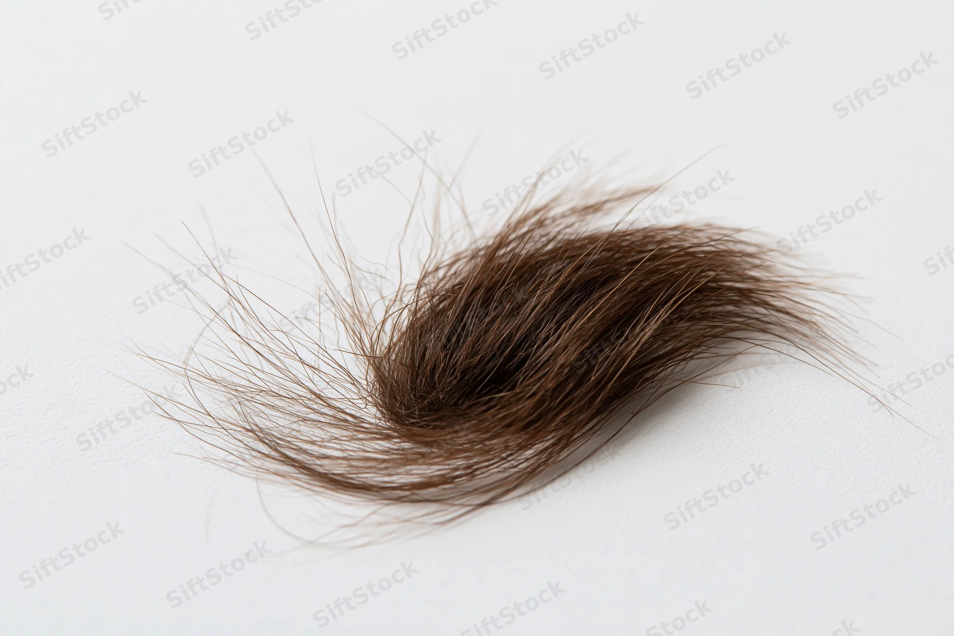 A clump of dark brown human hair lying loose on a plain white surface